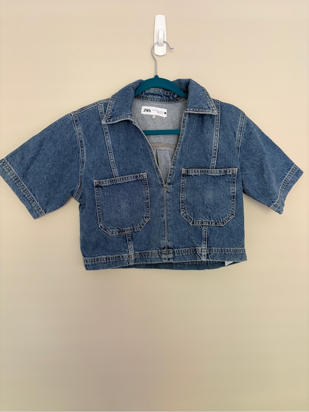 Zara Blue Denim Short-Sleeve Cropped Shirt - Picture 2 of 5